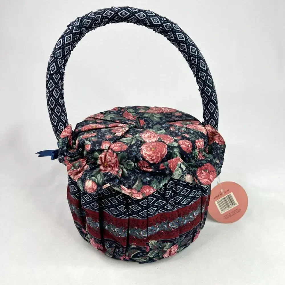 NWT Vintage Crafted With Love Fabric Pattern Sewing Basket With Handle